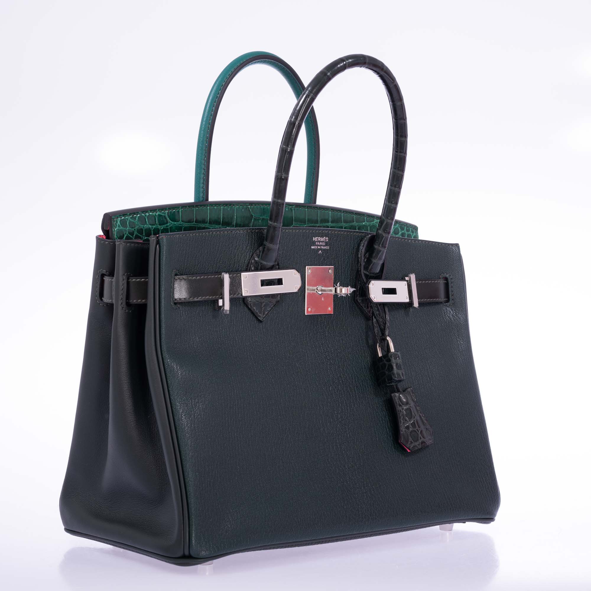 Hermès Birkin 30 Vert Emerald Porosus Crocodile, Vert Titien and Rose Azalée Patchwork Palladium Hardware