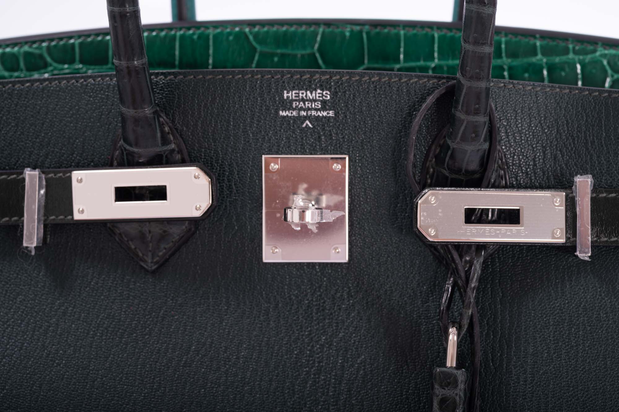 Hermès Birkin 30 Vert Emerald Porosus Crocodile, Vert Titien and Rose Azalée Patchwork Palladium Hardware