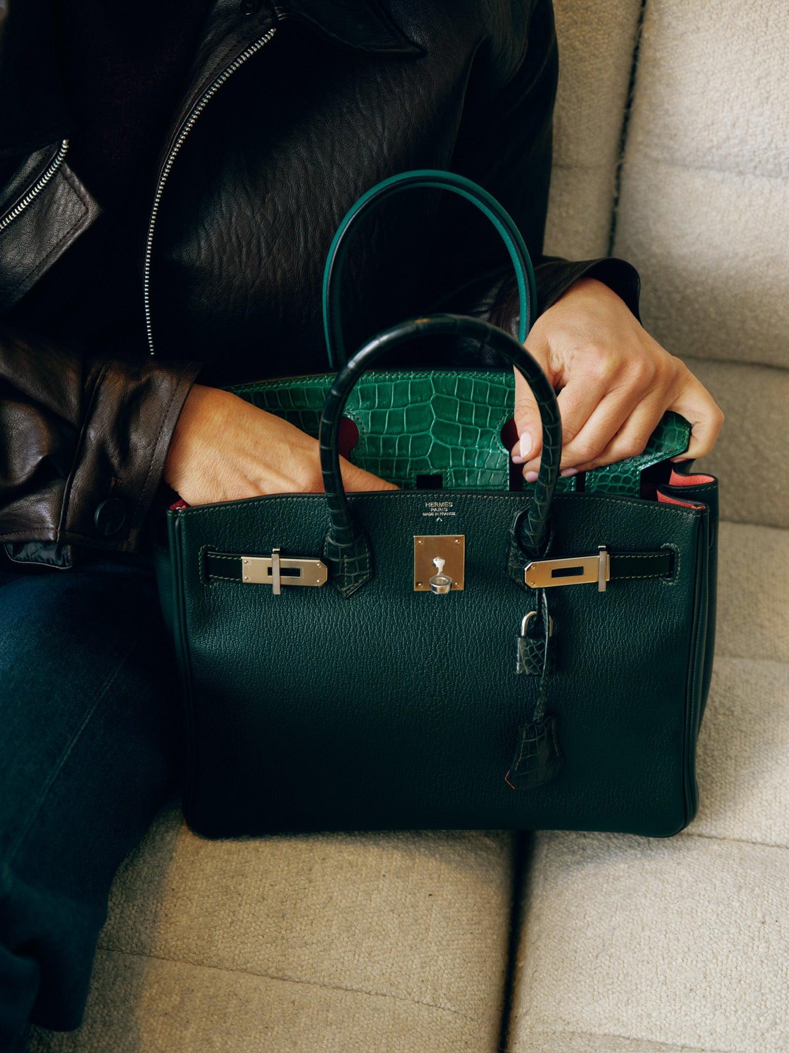 Hermès Birkin 30 Vert Emerald Porosus Crocodile, Vert Titien and Rose Azalée Patchwork Palladium Hardware