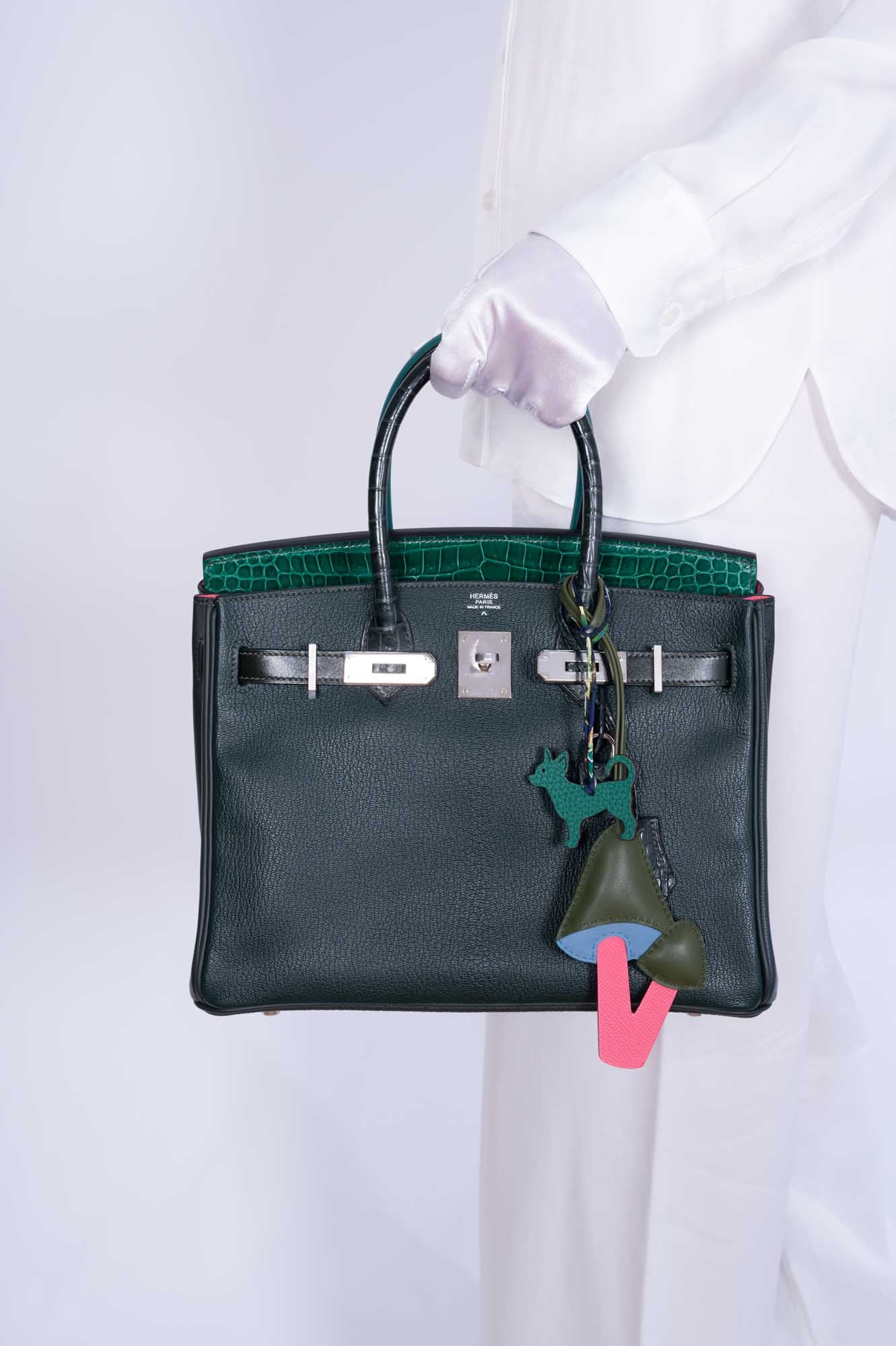 Hermès Birkin 30 Vert Emerald Porosus Crocodile, Vert Titien and Rose Azalée Patchwork Palladium Hardware