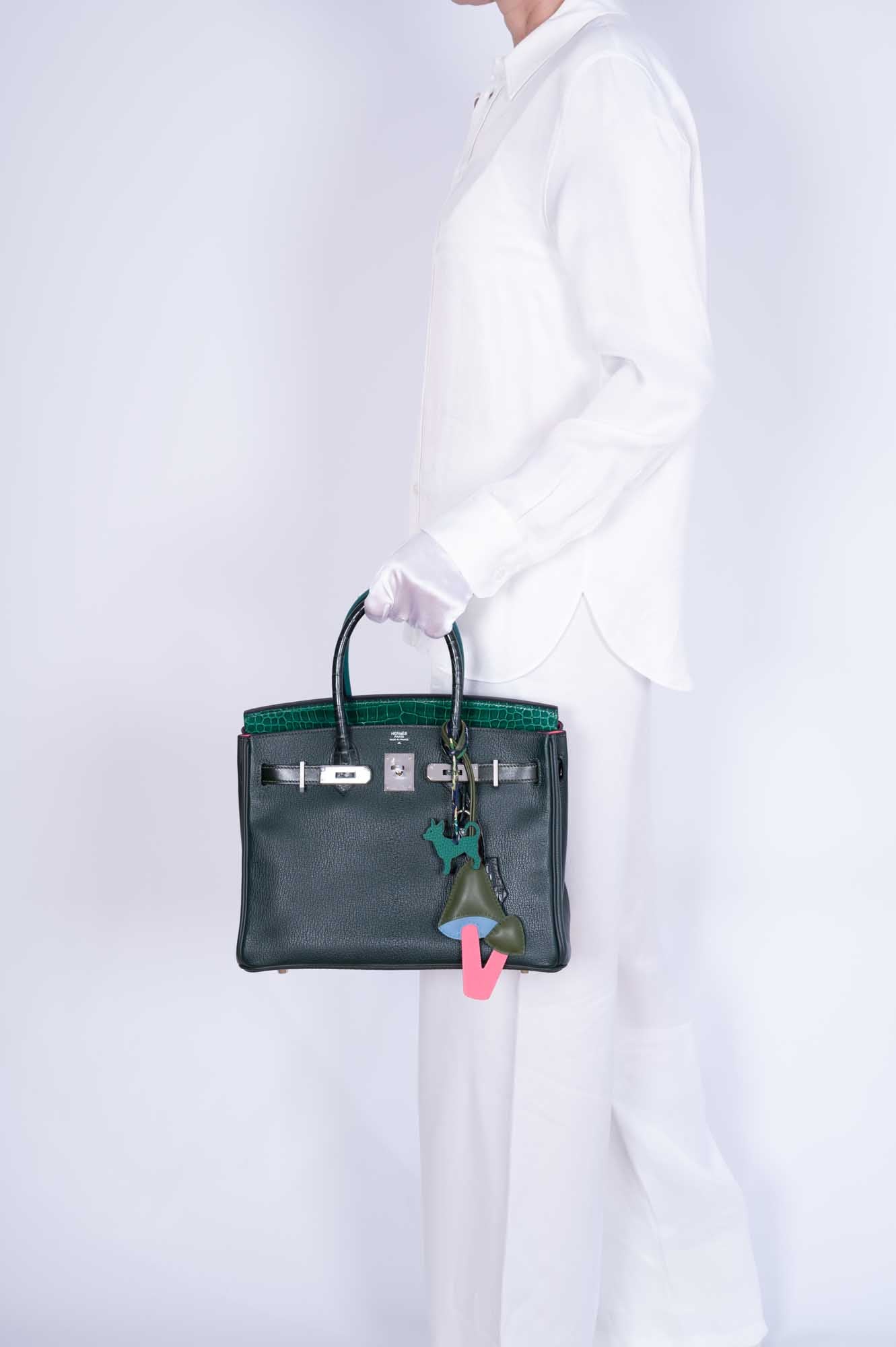 Hermès Birkin 30 Vert Emerald Porosus Crocodile, Vert Titien and Rose Azalée Patchwork Palladium Hardware