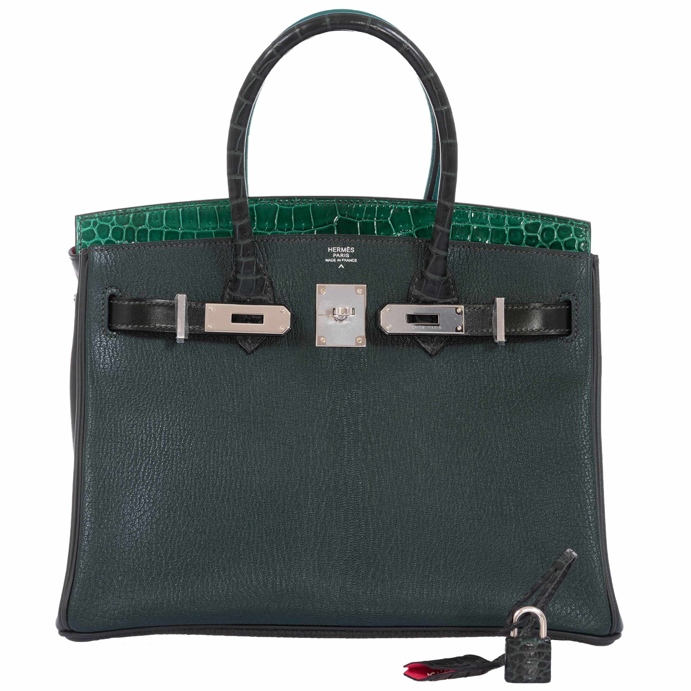 Hermès Birkin 30 Vert Emerald Porosus Crocodile, Vert Titien and Rose Azalée Patchwork Palladium Hardware