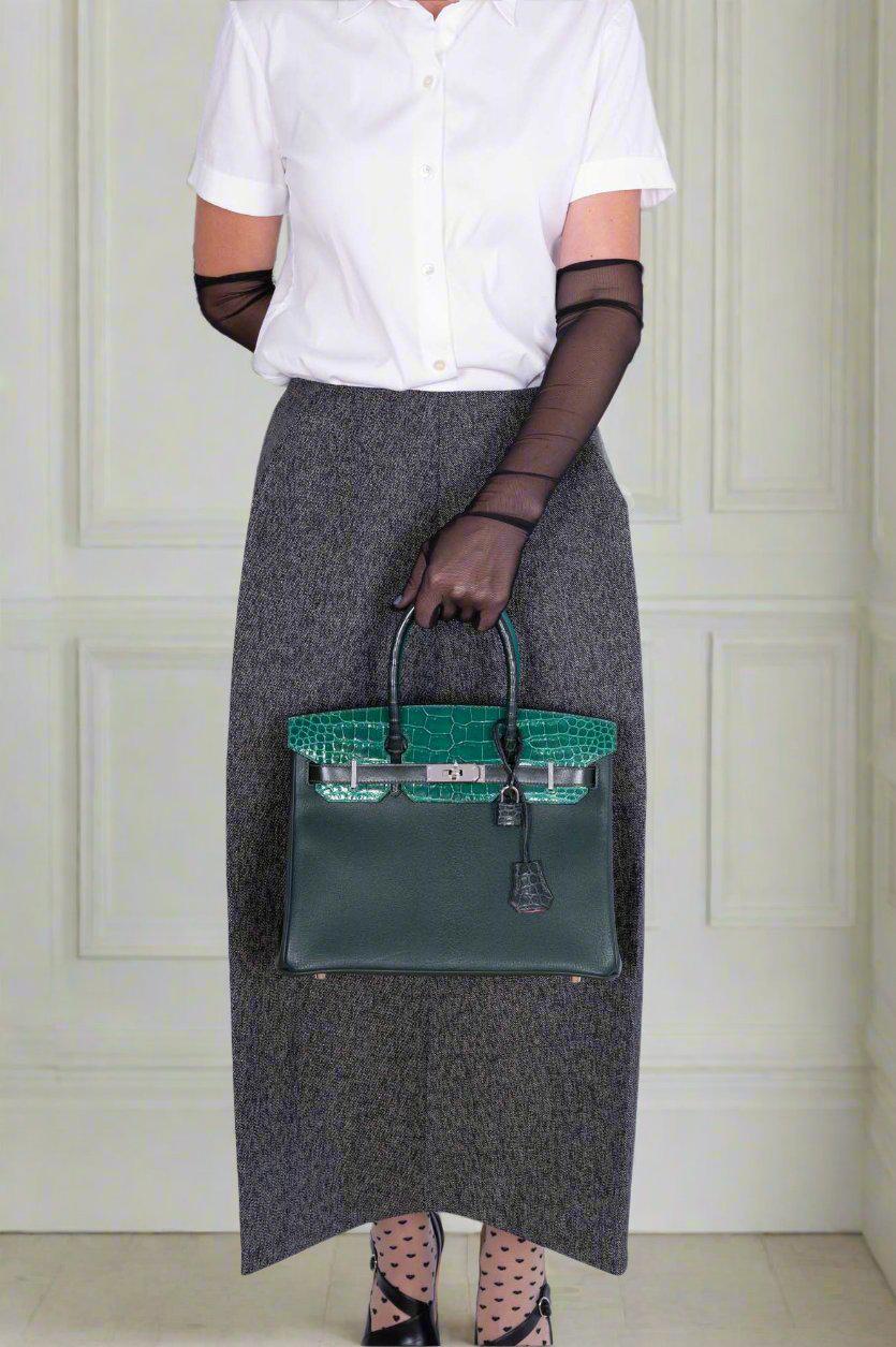 Hermès Birkin 30 Vert Emerald Porosus Crocodile, Vert Titien and Rose Azalée Patchwork Palladium Hardware