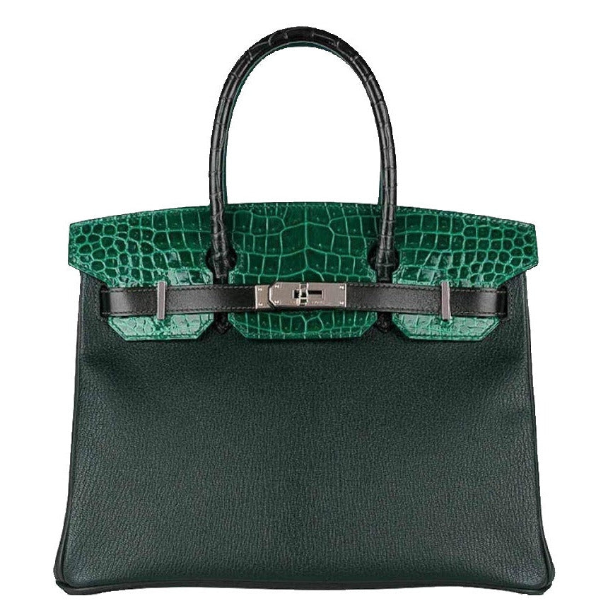 Hermès Birkin 30 Vert Emerald Porosus Crocodile, Vert Titien and Rose Azalée Patchwork Palladium Hardware