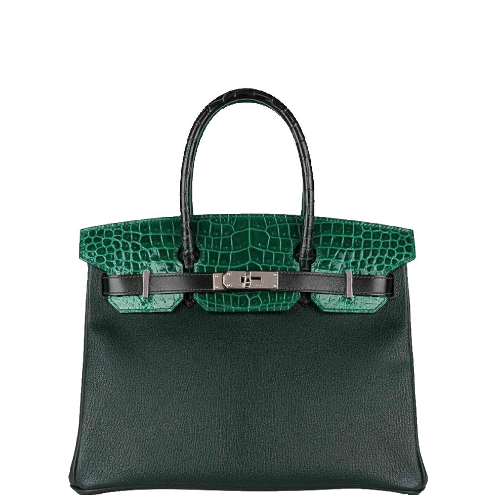 Hermès Birkin 30 Vert Emerald Porosus Crocodile, Vert Titien and Rose Azalée Patchwork Palladium Hardware