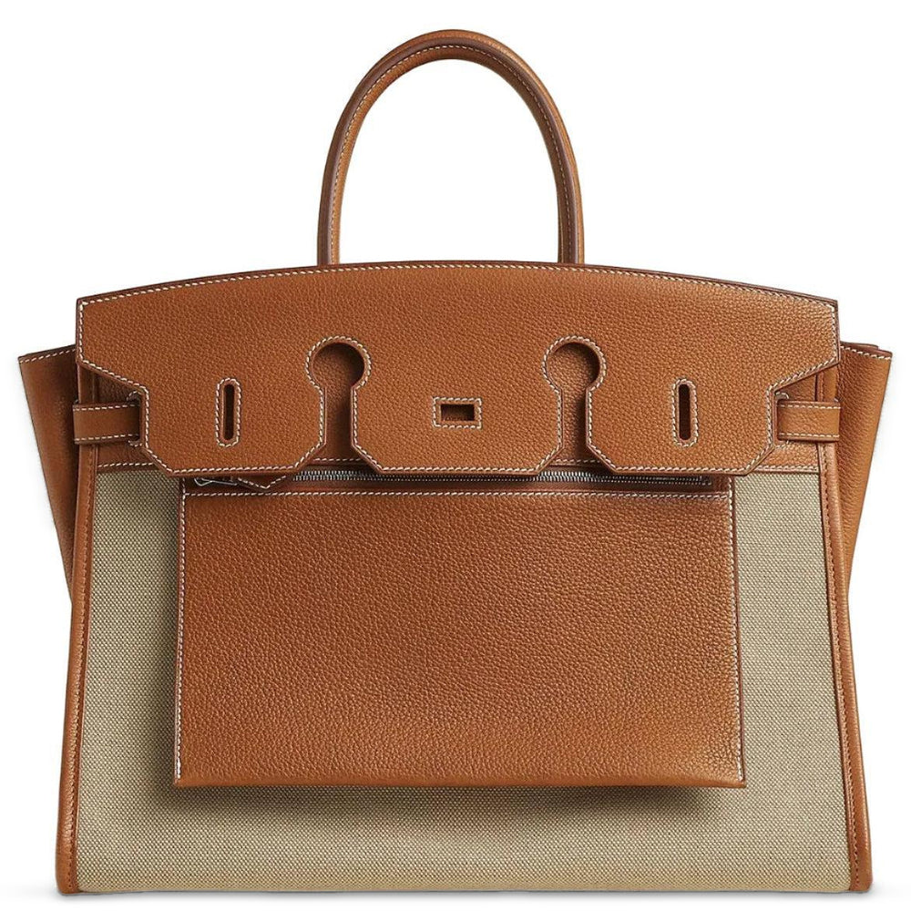 Hermès Birkin 35 À L'Envers Ficelle/Ecru Toile H & Fauve Barenia Faubourg Palladium Hardware, front view
