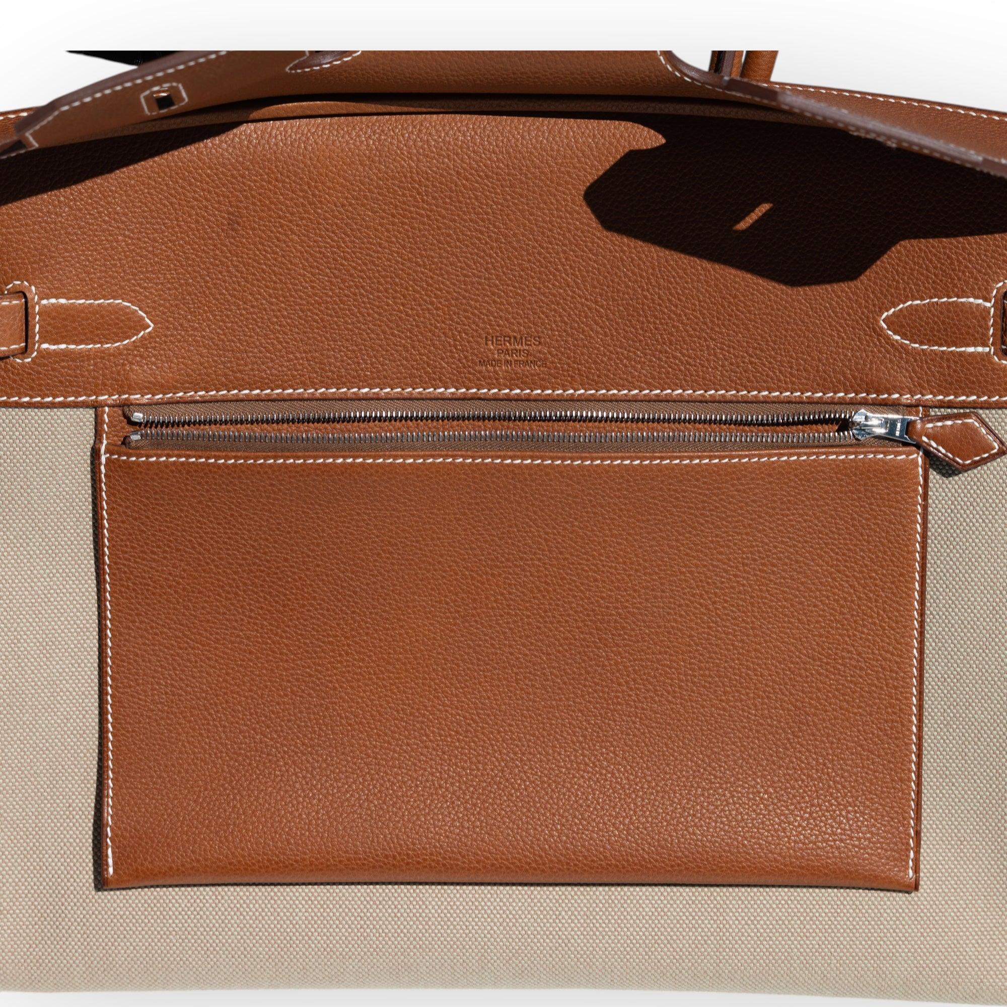 Hermès Birkin 35 À L'Envers Ficelle/Ecru Toile H & Fauve Barenia Faubourg Palladium Hardware