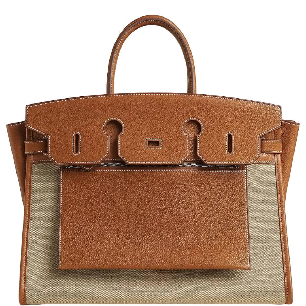 Hermès Birkin 35 À L'Envers Ficelle/Ecru Toile H & Fauve Barenia Faubourg Palladium Hardware