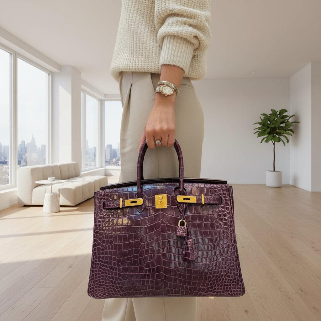 Hermès Birkin 35 Amethyst Porosus Crocodile with Gold Hardware