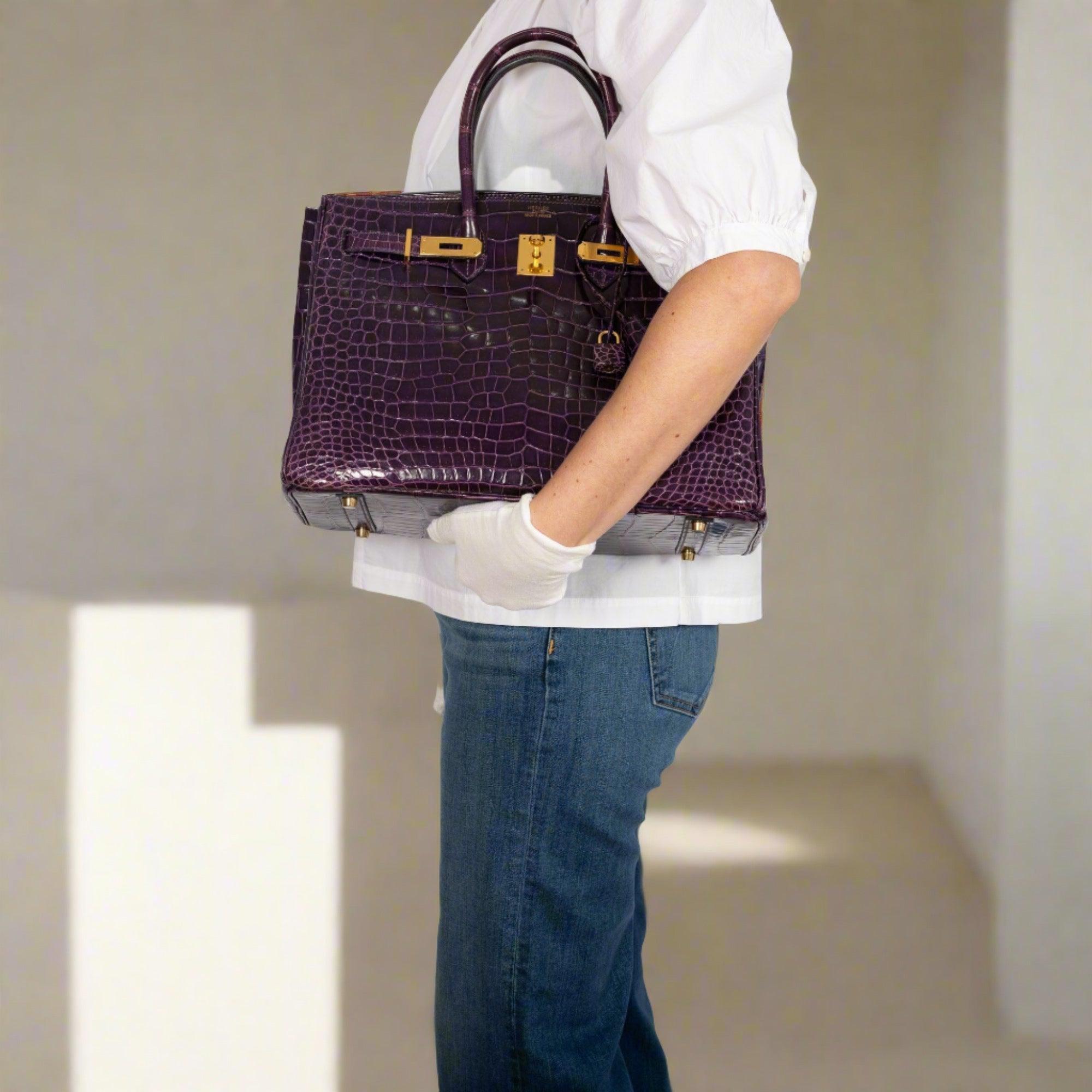 Hermès Birkin 35 Amethyst Porosus Crocodile with Gold Hardware