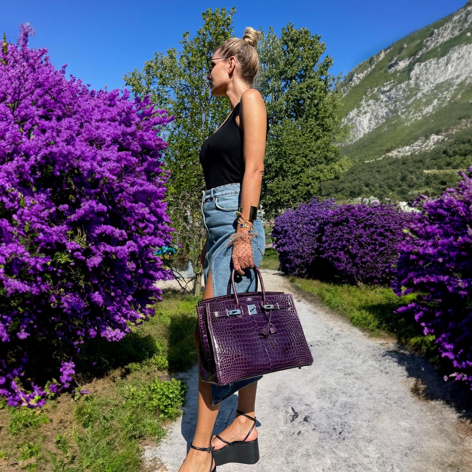 Hermès Birkin 35 Amethyst Porosus Crocodile with Palladium Hardware