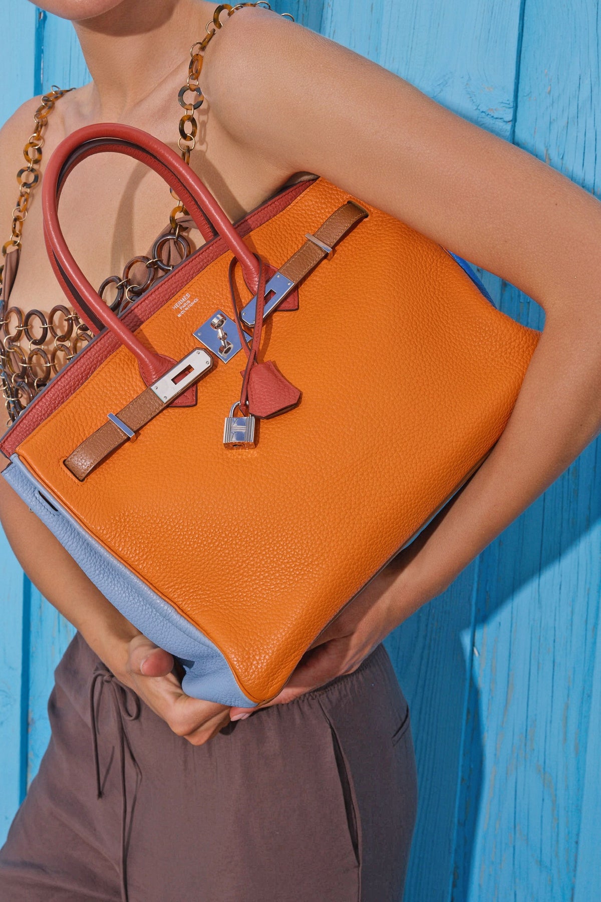 Hermès Birkin 35 Arlequin Clémence Palladium Hardware, carried under the arm, front close view