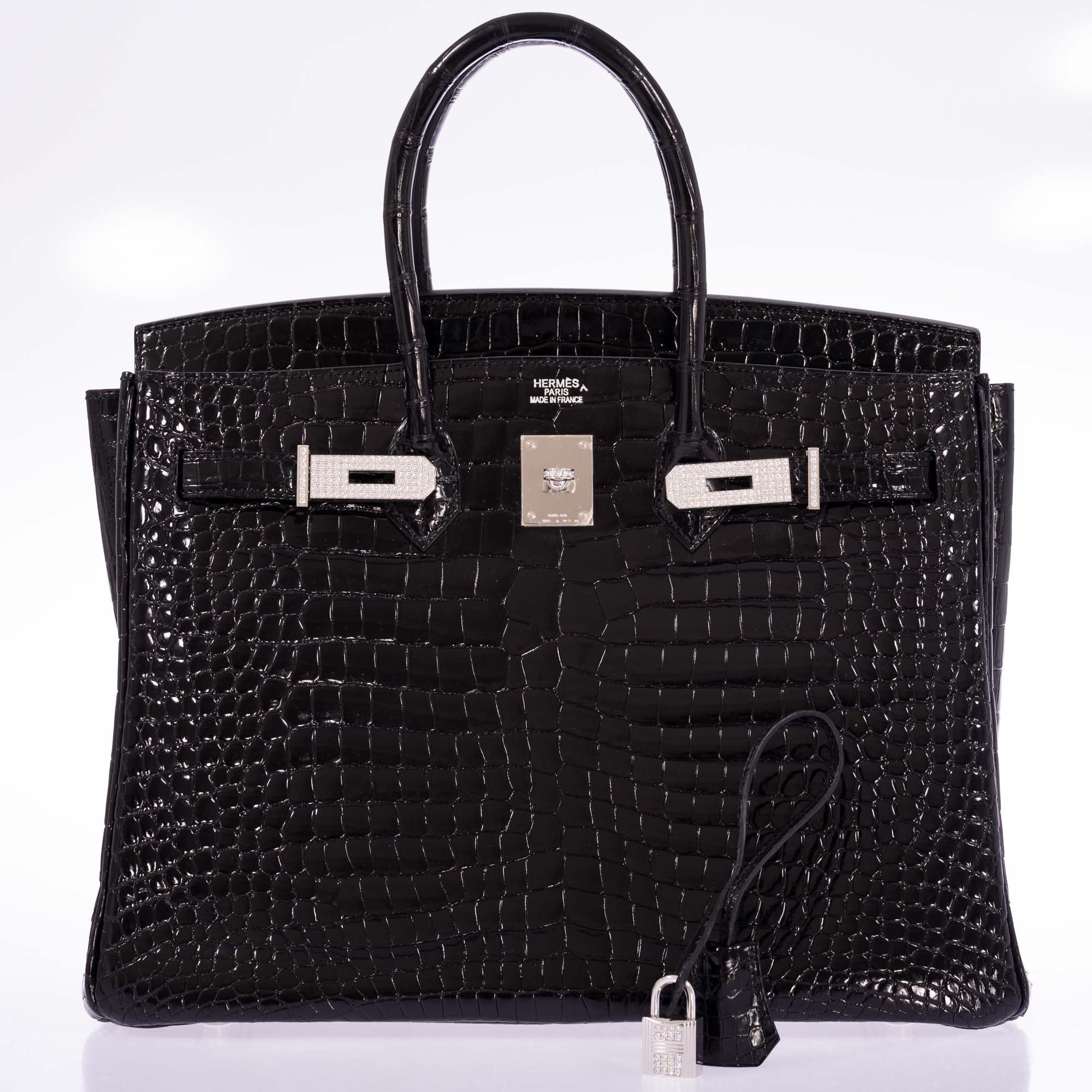 Hermès Birkin 35 Black Shiny Porosus Crocodile 18K White Gold and Diamond Hardware