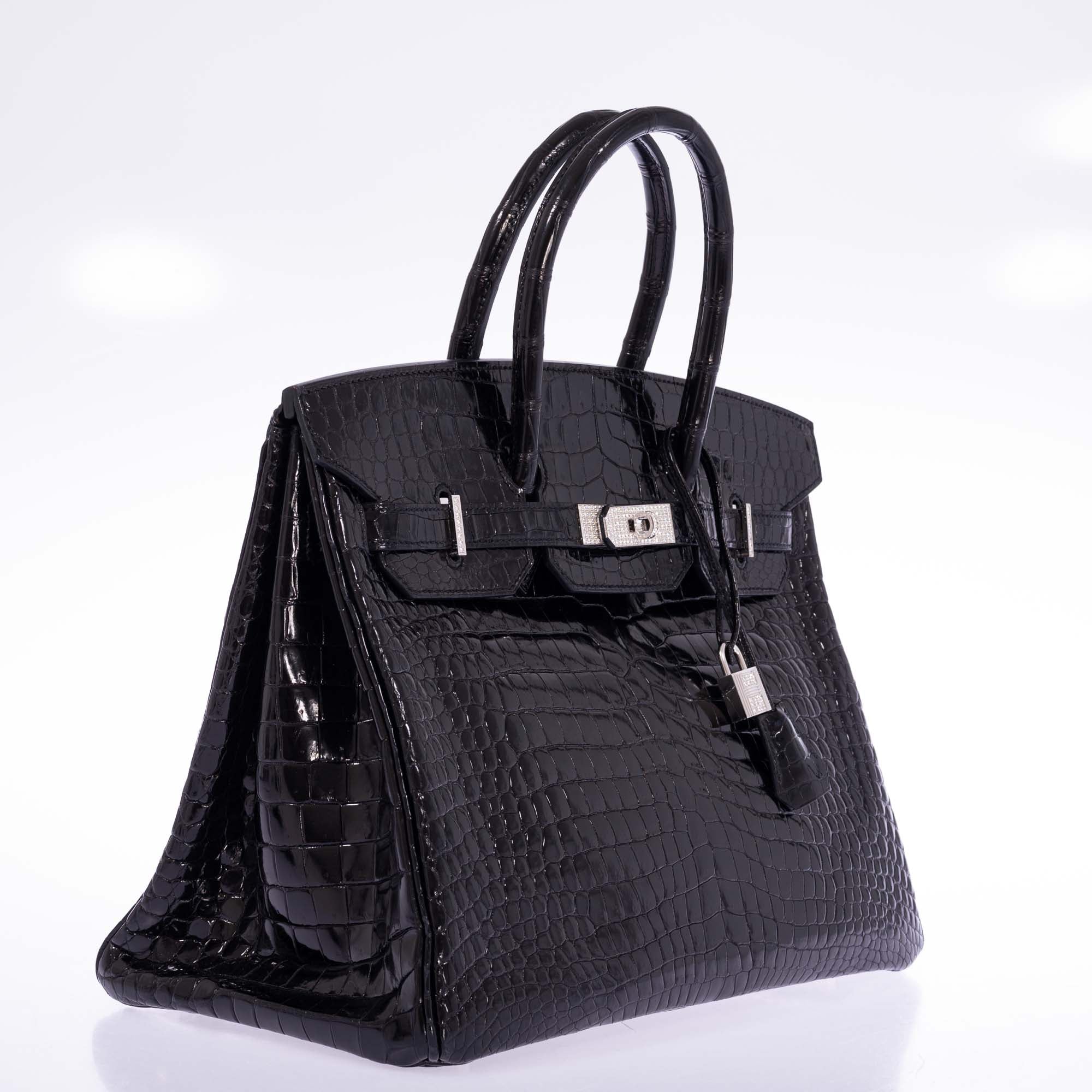 Hermès Birkin 35 Black Shiny Porosus Crocodile 18K White Gold and Diamond Hardware