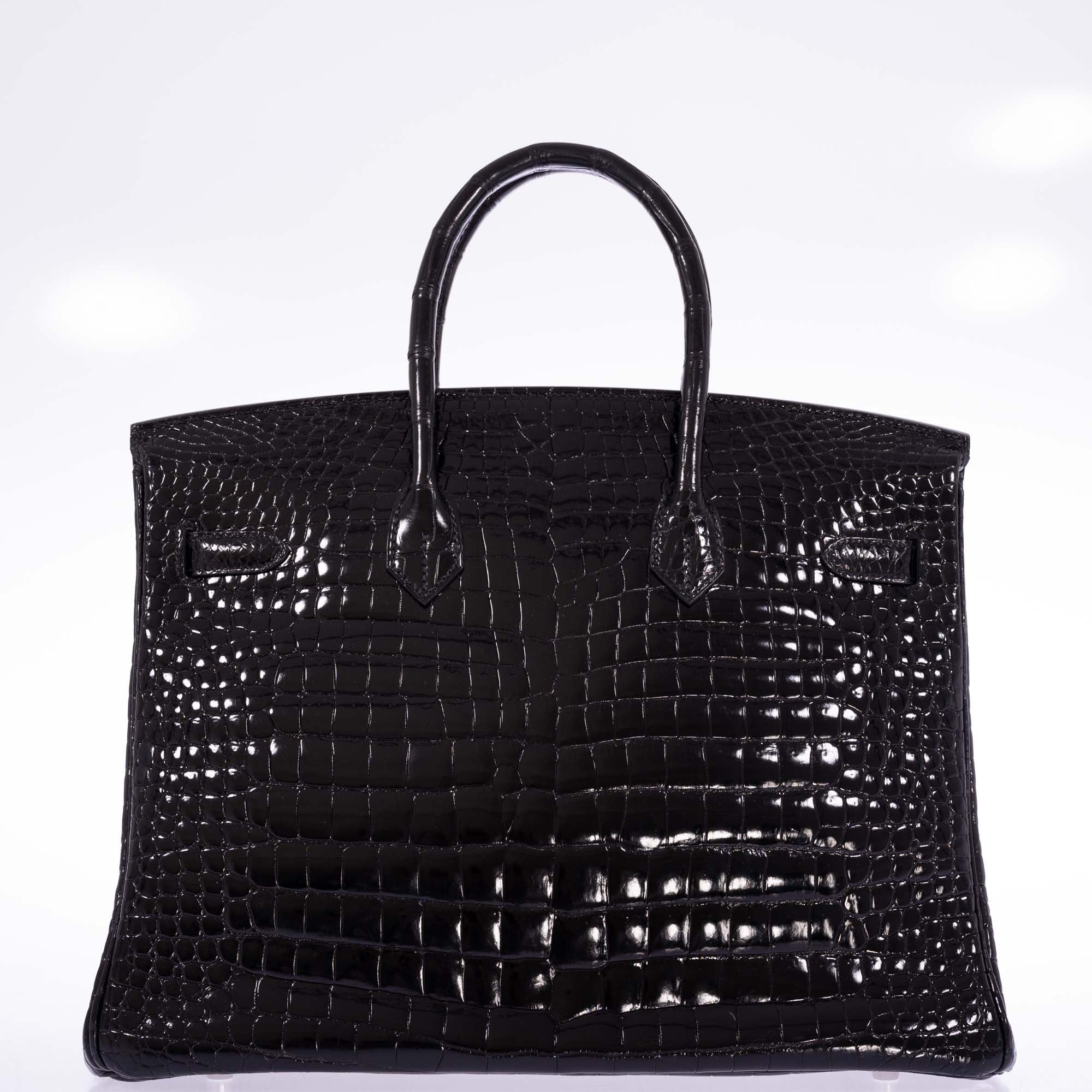 Hermès Birkin 35 Black Shiny Porosus Crocodile 18K White Gold and Diamond Hardware