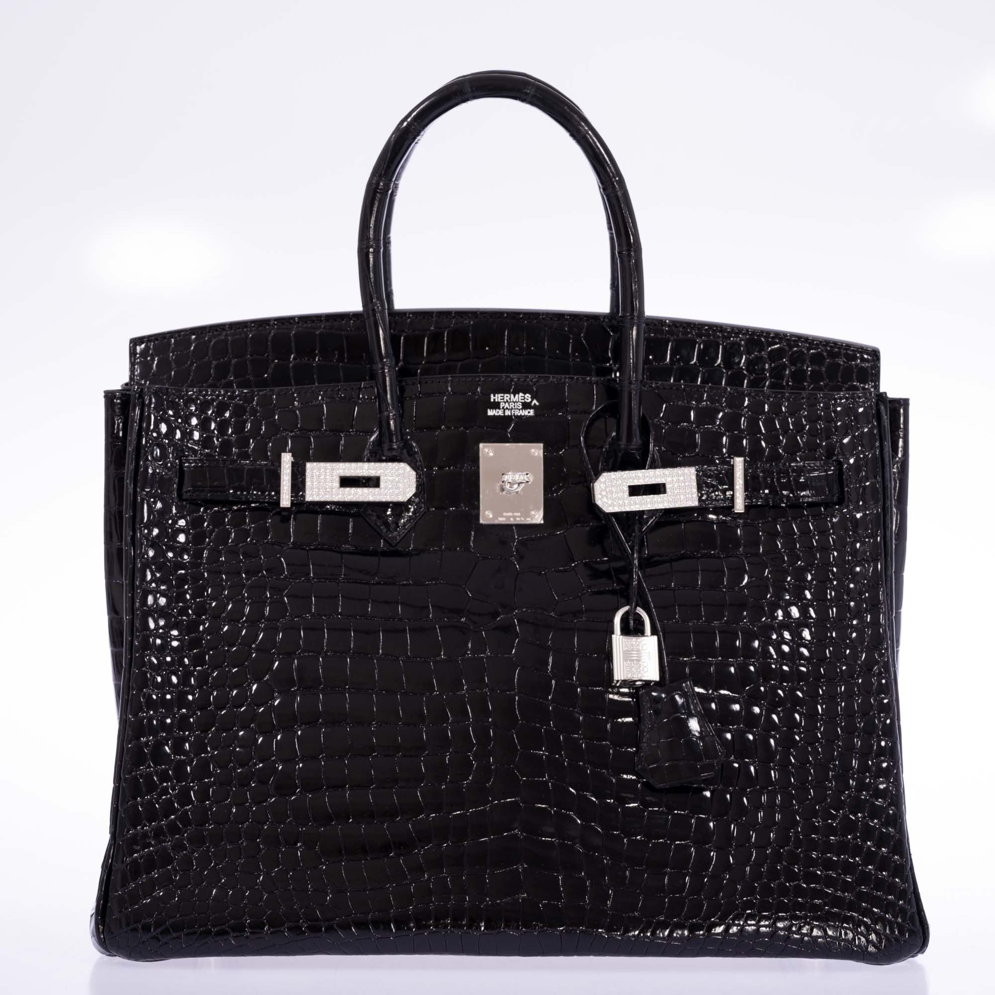 Hermès Birkin 35 Black Shiny Porosus Crocodile 18K White Gold and Diamond Hardware