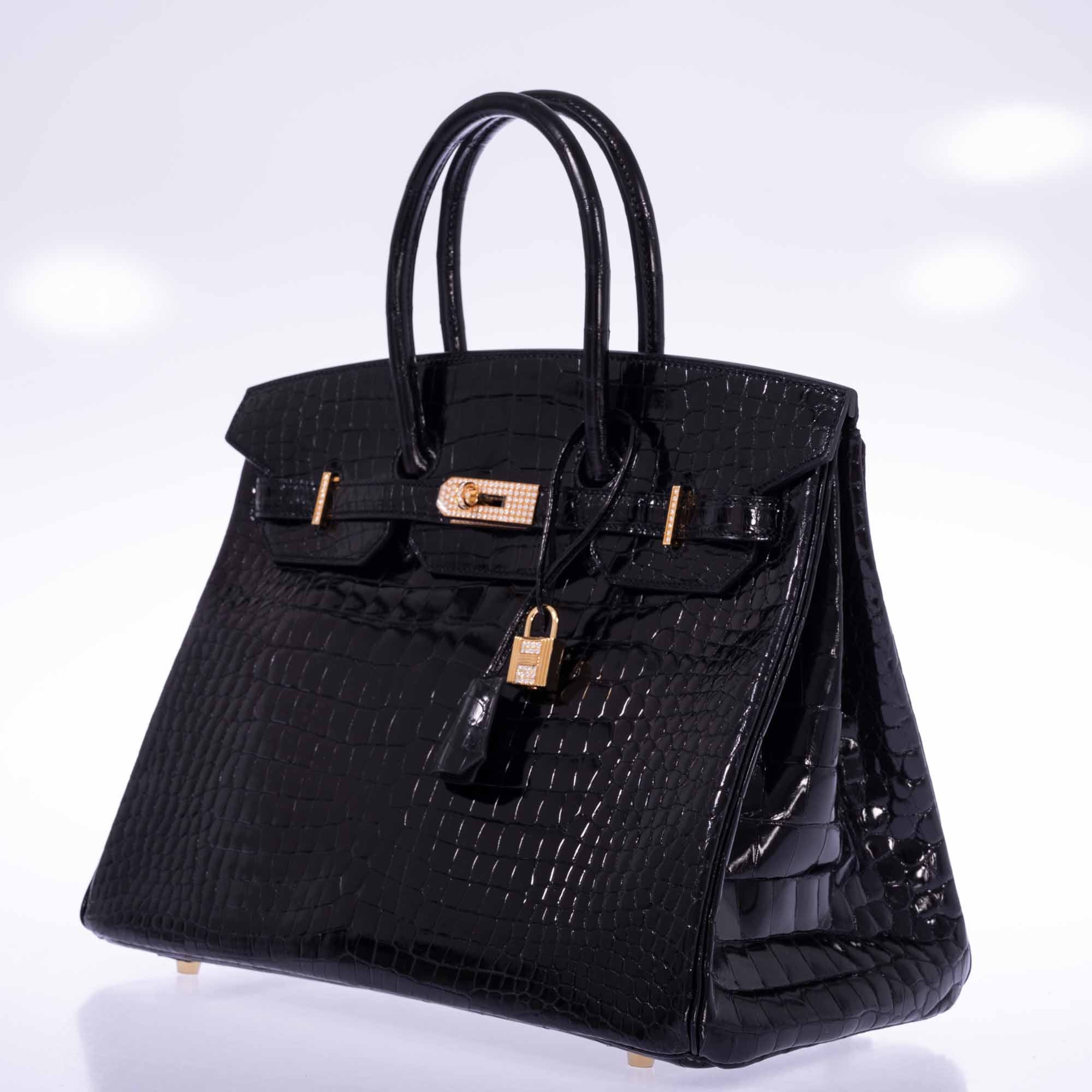 Hermès Birkin 35 Black Shiny Porosus Crocodile 18K Yellow Gold and Diamond Hardware