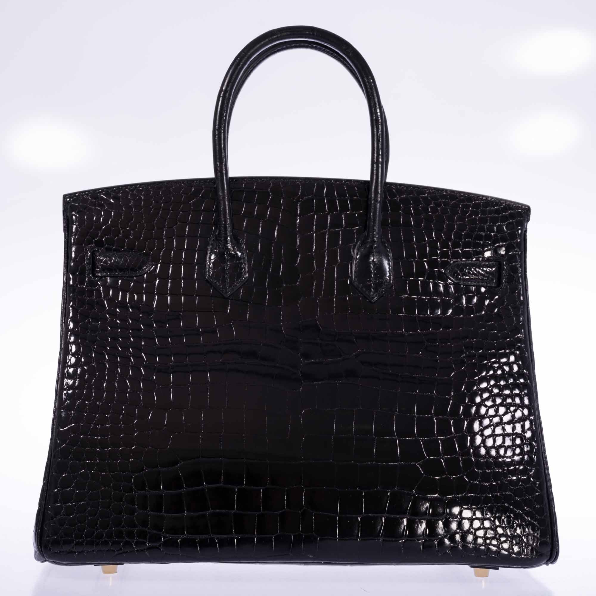 Hermès Birkin 35 Black Shiny Porosus Crocodile 18K Yellow Gold and Diamond Hardware