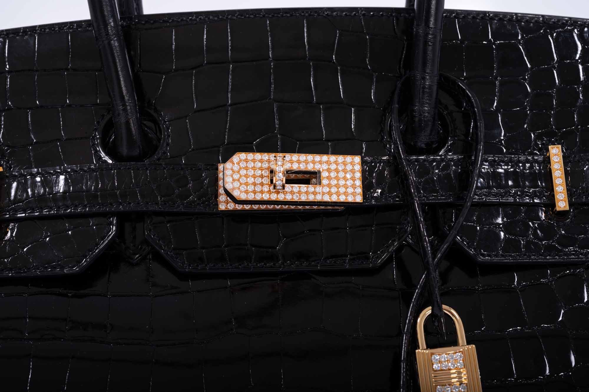 Hermès Birkin 35 Black Shiny Porosus Crocodile 18K Yellow Gold and Diamond Hardware