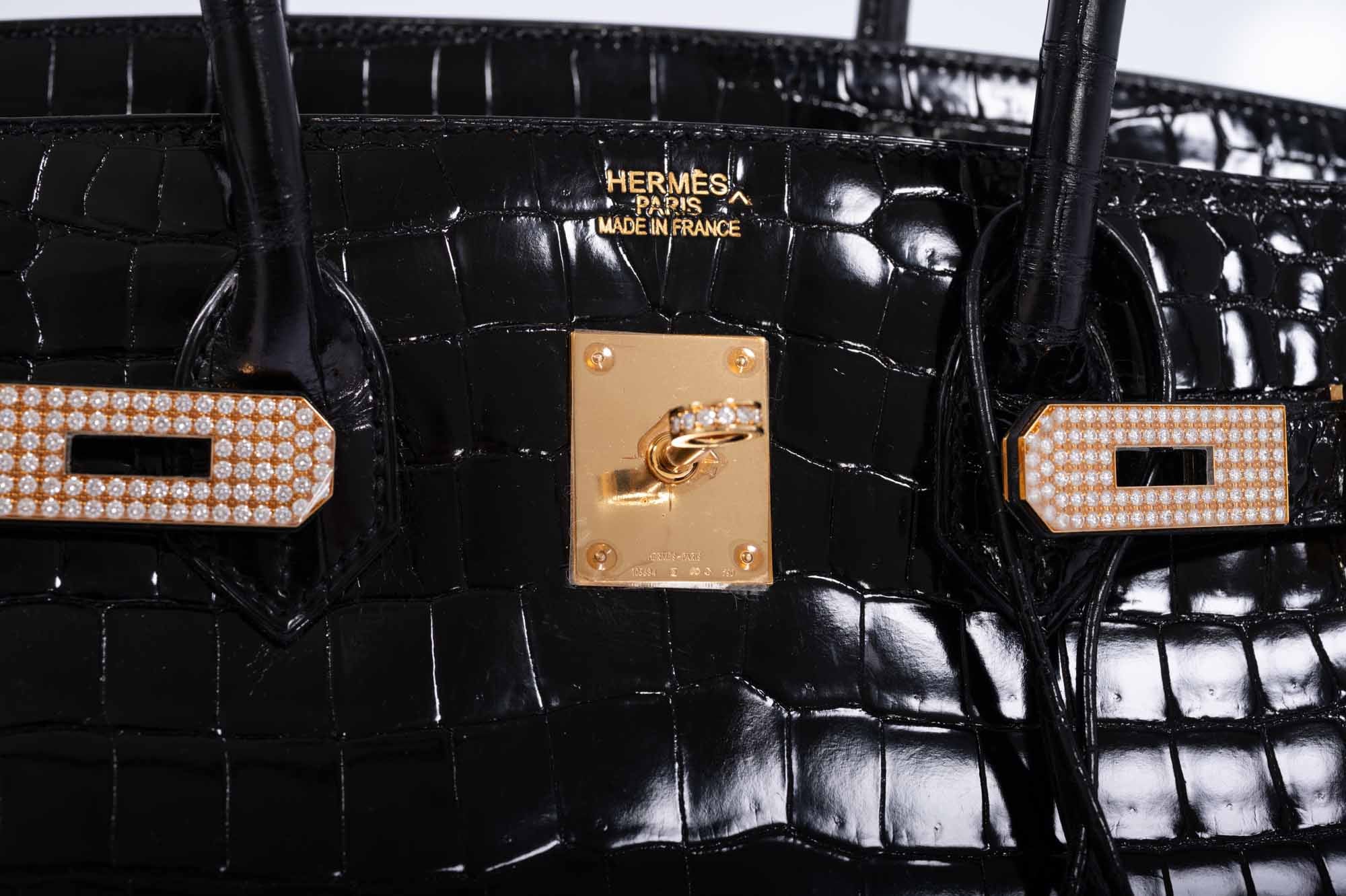 Hermès Birkin 35 Black Shiny Porosus Crocodile 18K Yellow Gold and Diamond Hardware