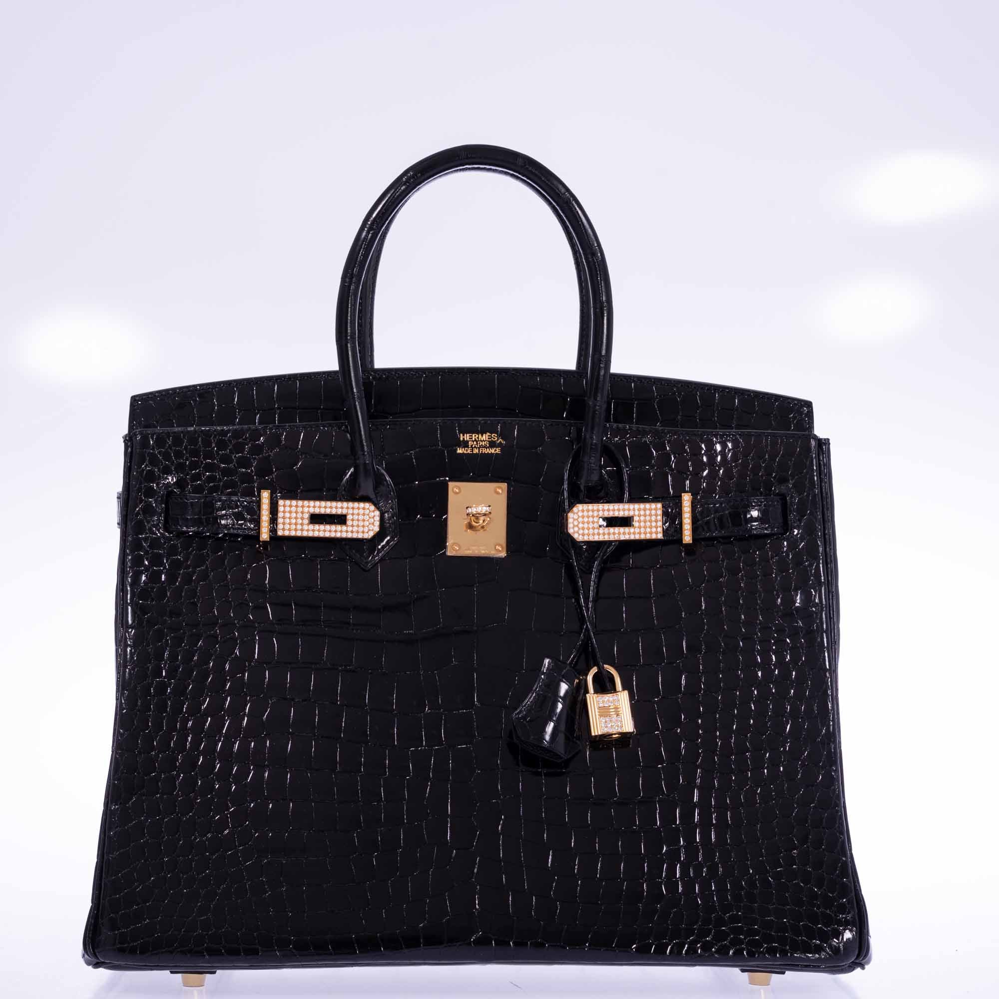 Hermès Birkin 35 Black Shiny Porosus Crocodile 18K Yellow Gold and Diamond Hardware