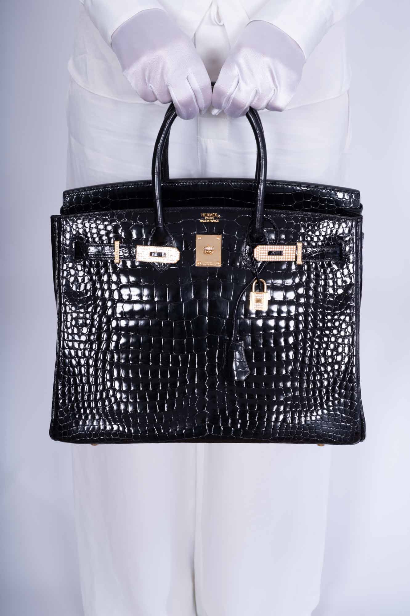 Hermès Birkin 35 Black Shiny Porosus Crocodile 18K Yellow Gold and Diamond Hardware