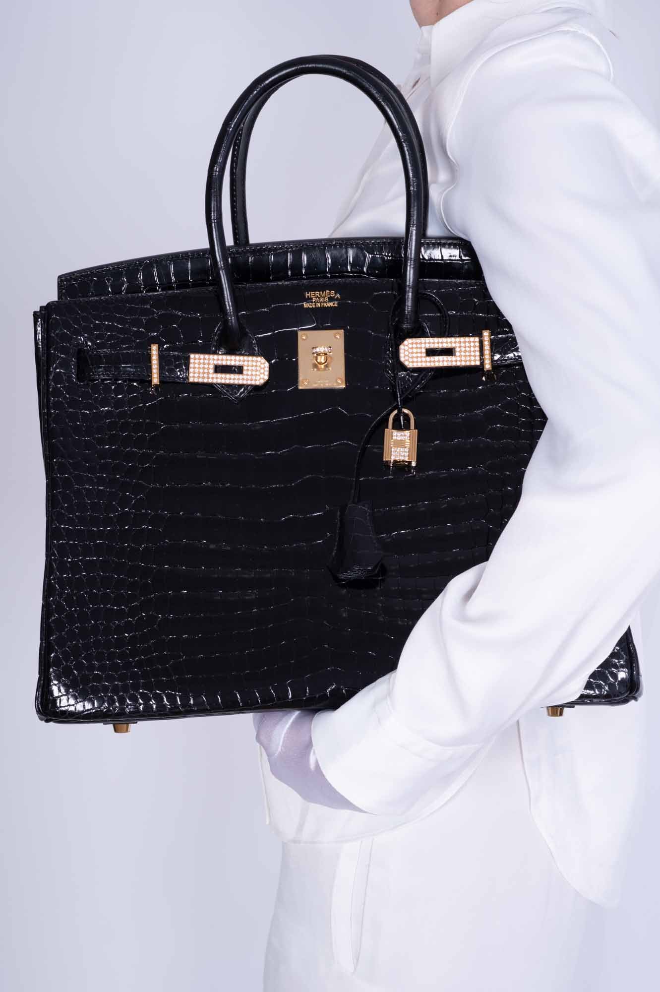 Hermès Birkin 35 Black Shiny Porosus Crocodile 18K Yellow Gold and Diamond Hardware