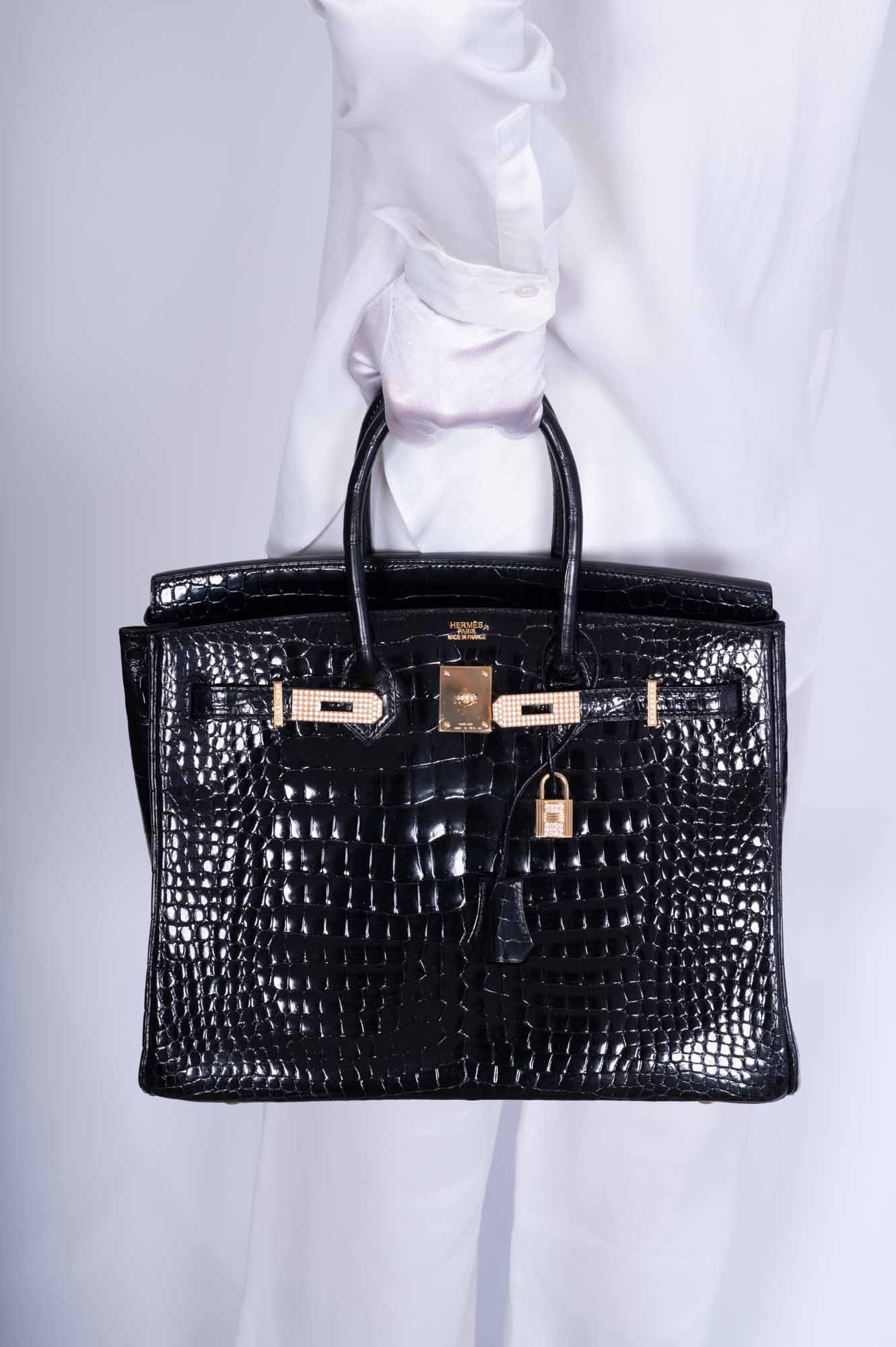 Hermès Birkin 35 Black Shiny Porosus Crocodile 18K Yellow Gold and Diamond Hardware