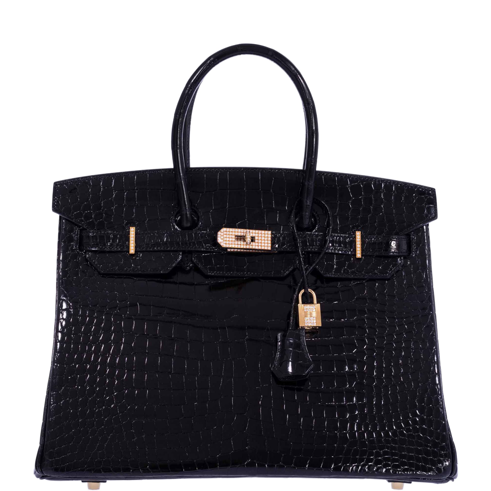 Hermès Birkin 35 Black Shiny Porosus Crocodile 18K Yellow Gold and Diamond Hardware