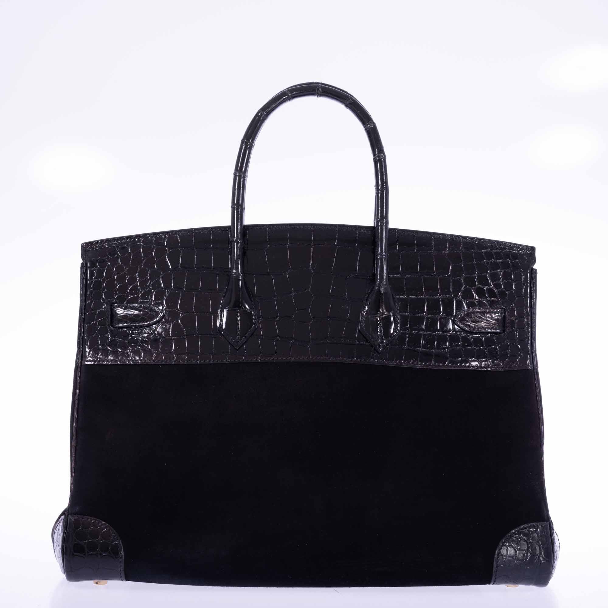 Hermès Birkin 35 Black Veau Doblis Suede & Black Porosus Crocodile Gold Hardware