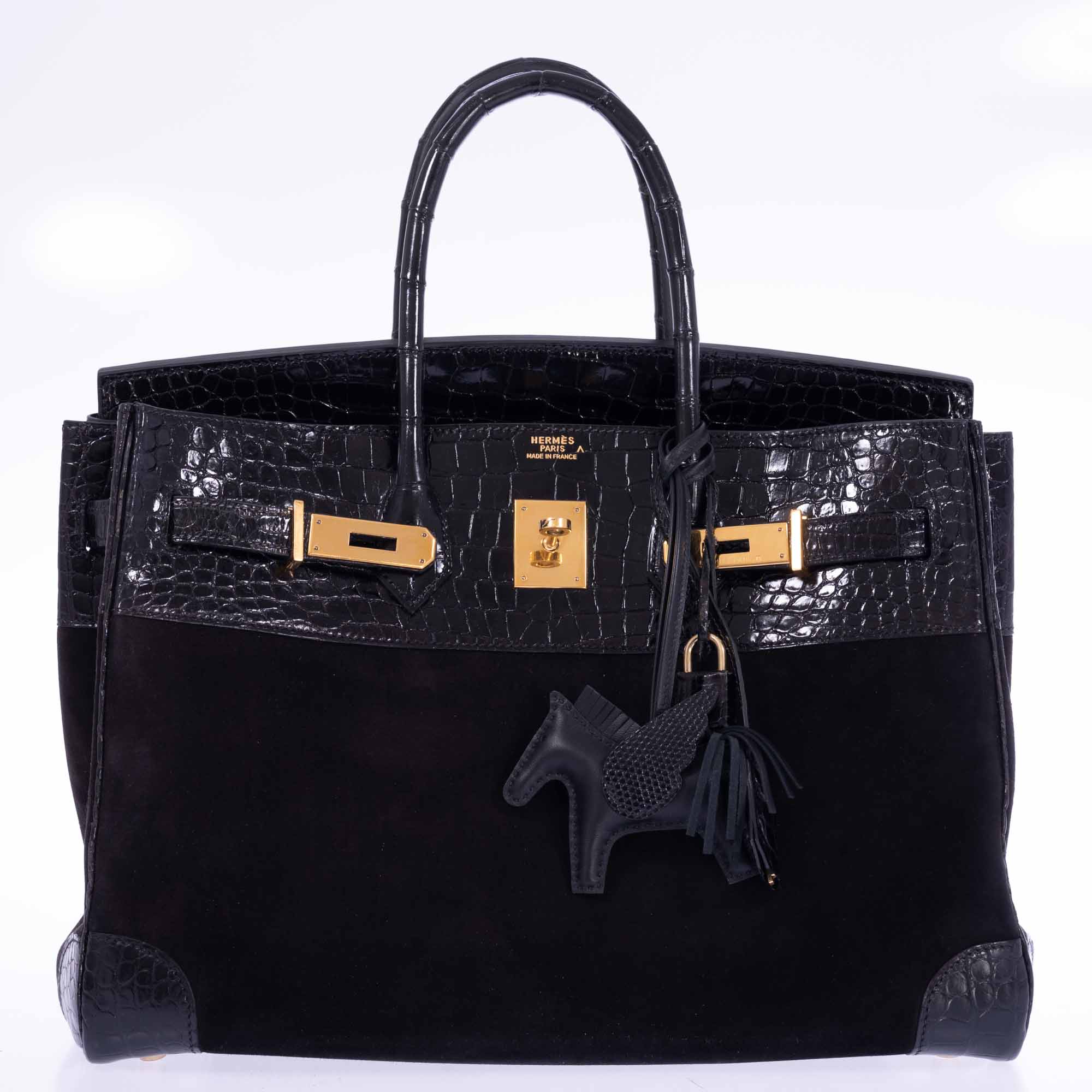 Hermès Birkin 35 Black Veau Doblis Suede & Black Porosus Crocodile Gold Hardware