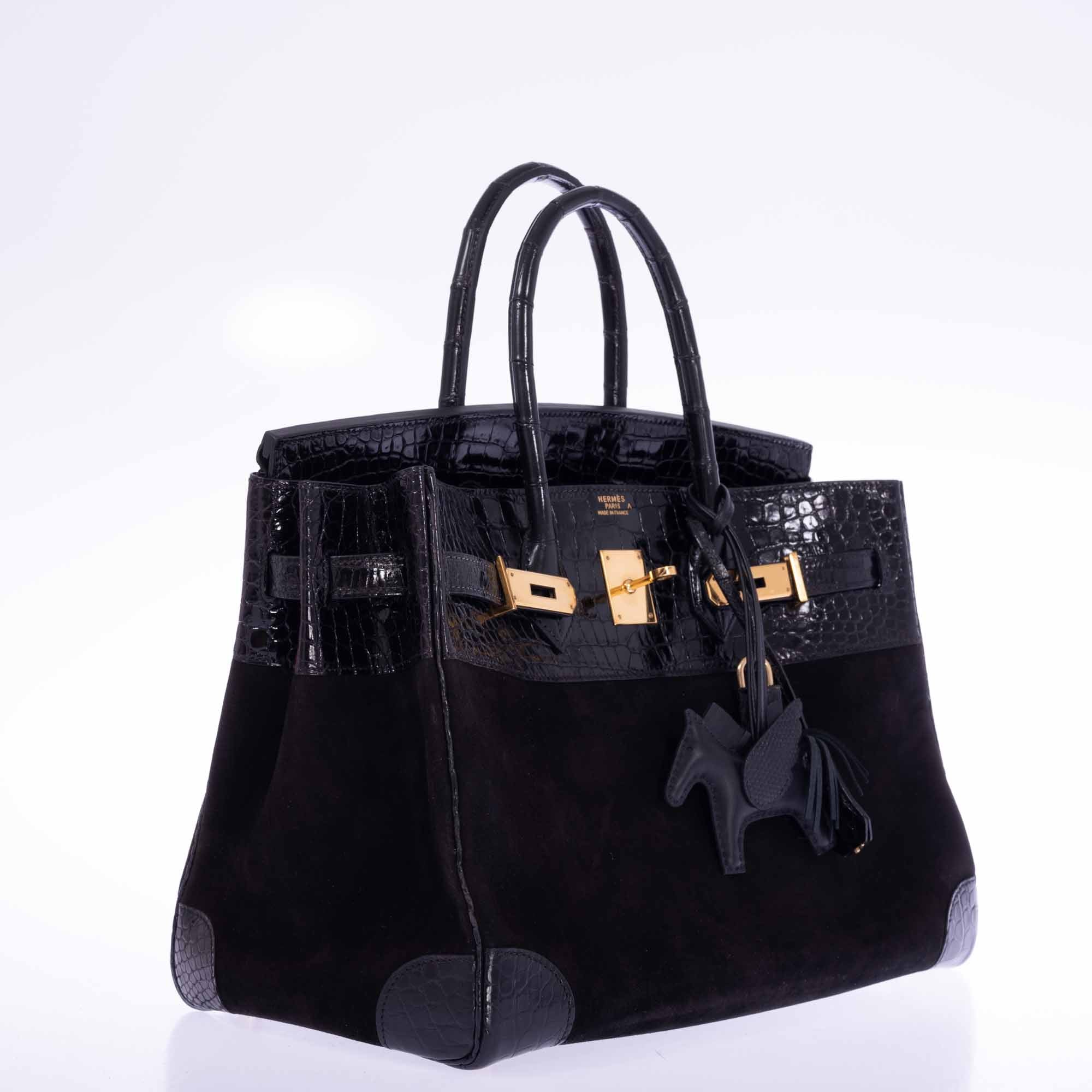 Hermès Birkin 35 Black Veau Doblis Suede & Black Porosus Crocodile Gold Hardware