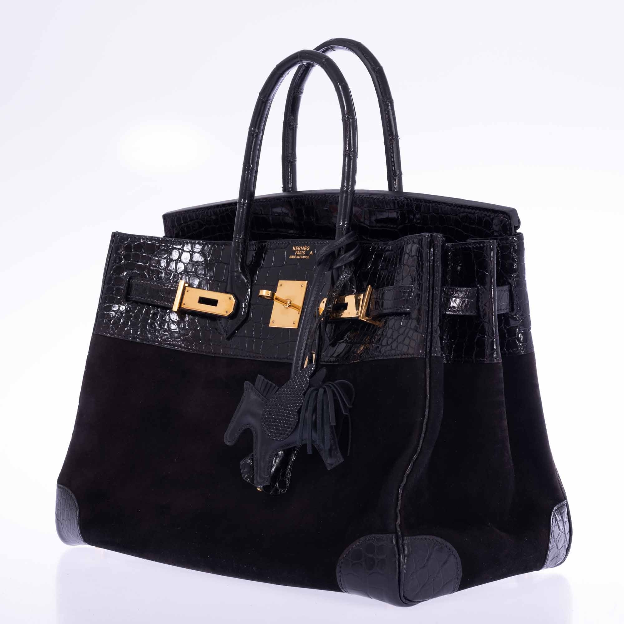 Hermès Birkin 35 Black Veau Doblis Suede & Black Porosus Crocodile Gold Hardware