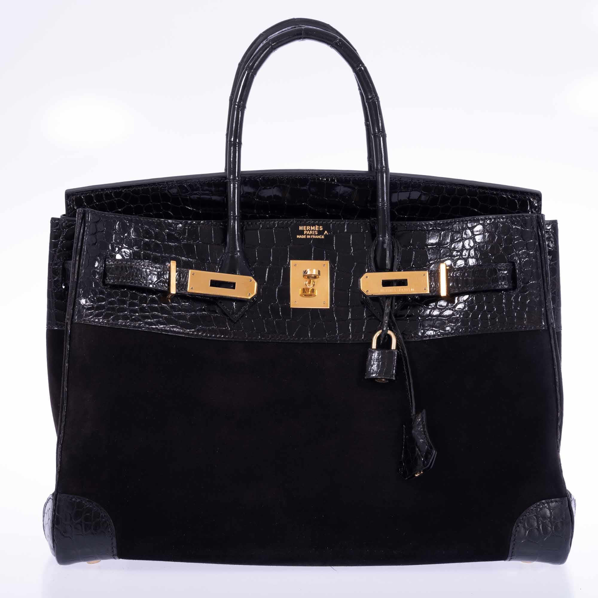 Hermès Birkin 35 Black Veau Doblis Suede & Black Porosus Crocodile Gold Hardware