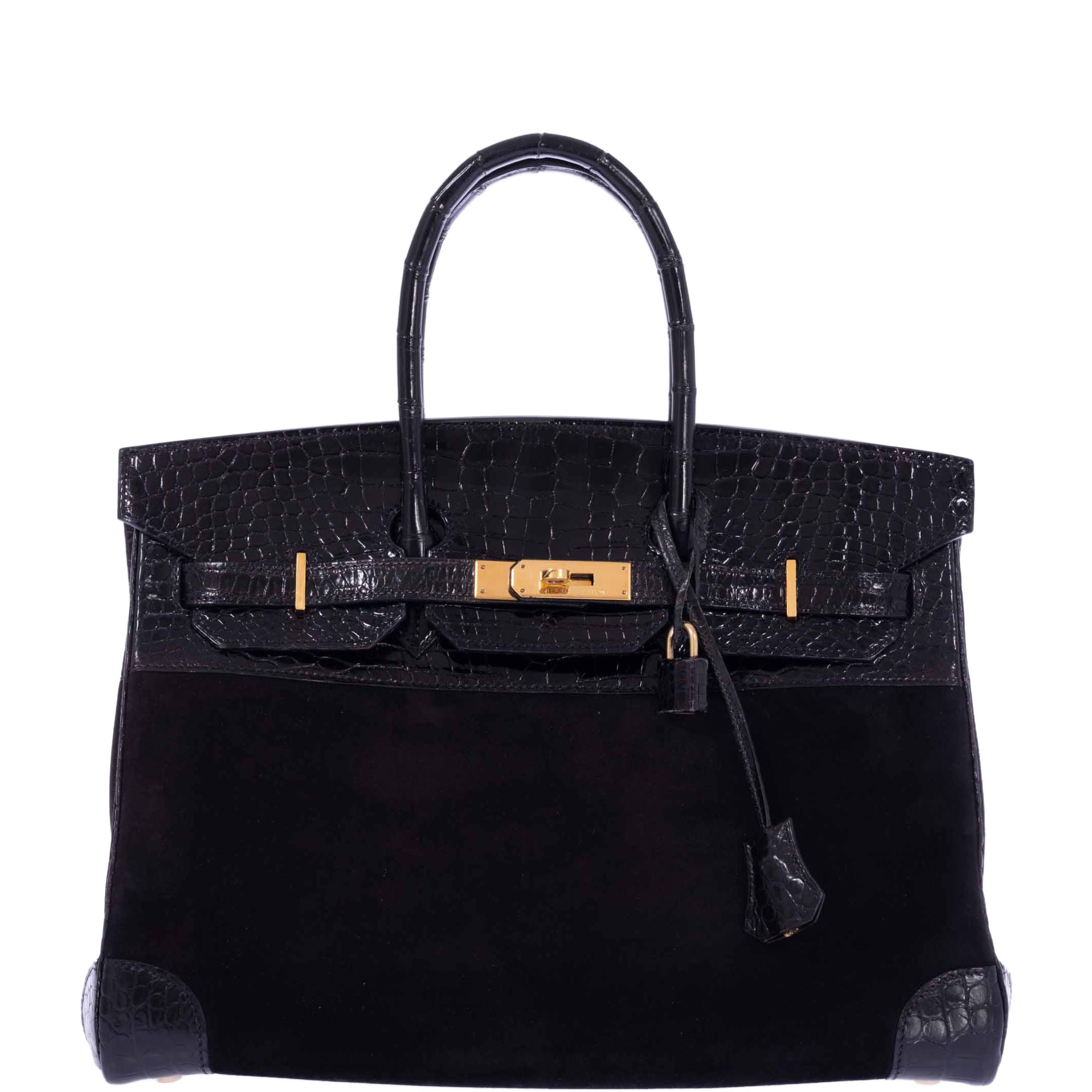 Hermès Birkin 35 Black Veau Doblis Suede & Black Porosus Crocodile Gold Hardware