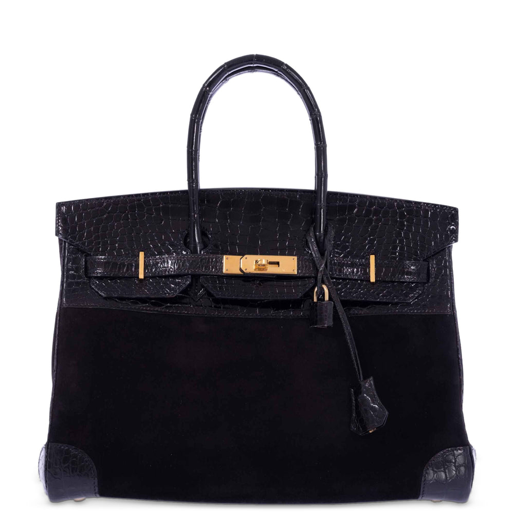 Hermès Birkin 35 Black Veau Doblis Suede & Black Porosus Crocodile Gold Hardware, front view