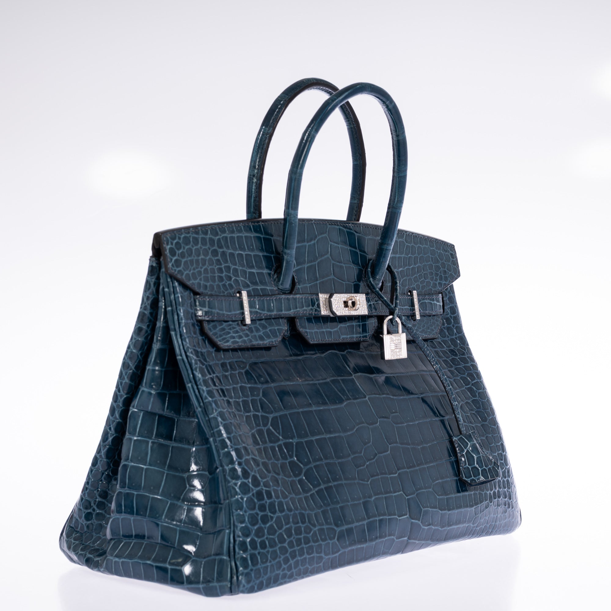 Hermès Birkin 35 Bleu Roi Shiny Porosus Crocodile 18K White Gold Diamond Hardware