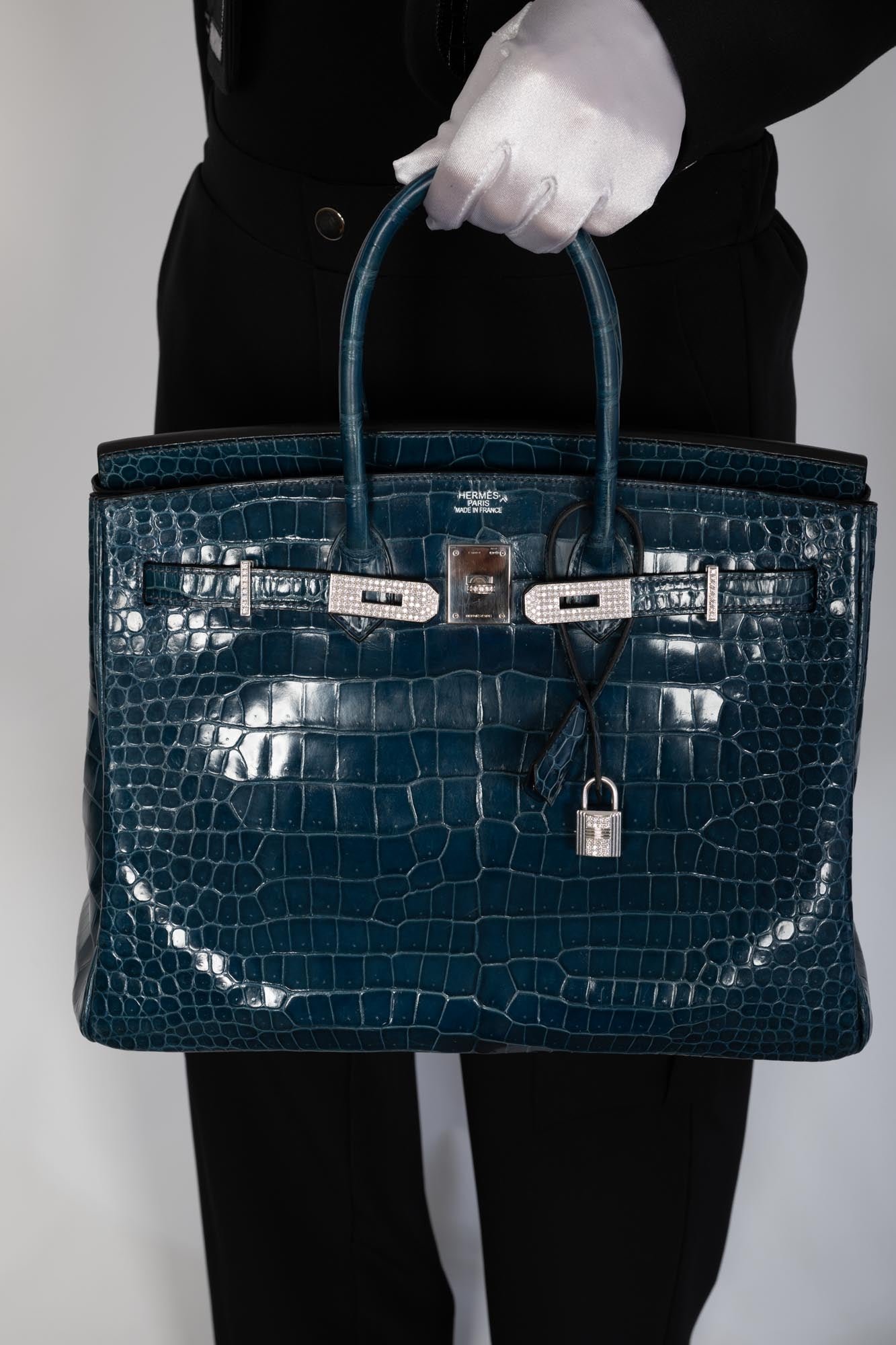 Hermès Birkin 35 Bleu Roi Shiny Porosus Crocodile 18K White Gold Diamond Hardware