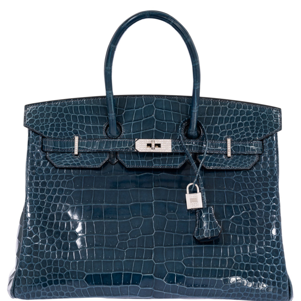 Hermès Birkin 35 Bleu Roi Shiny Porosus Crocodile 18K White Gold Diamond Hardware