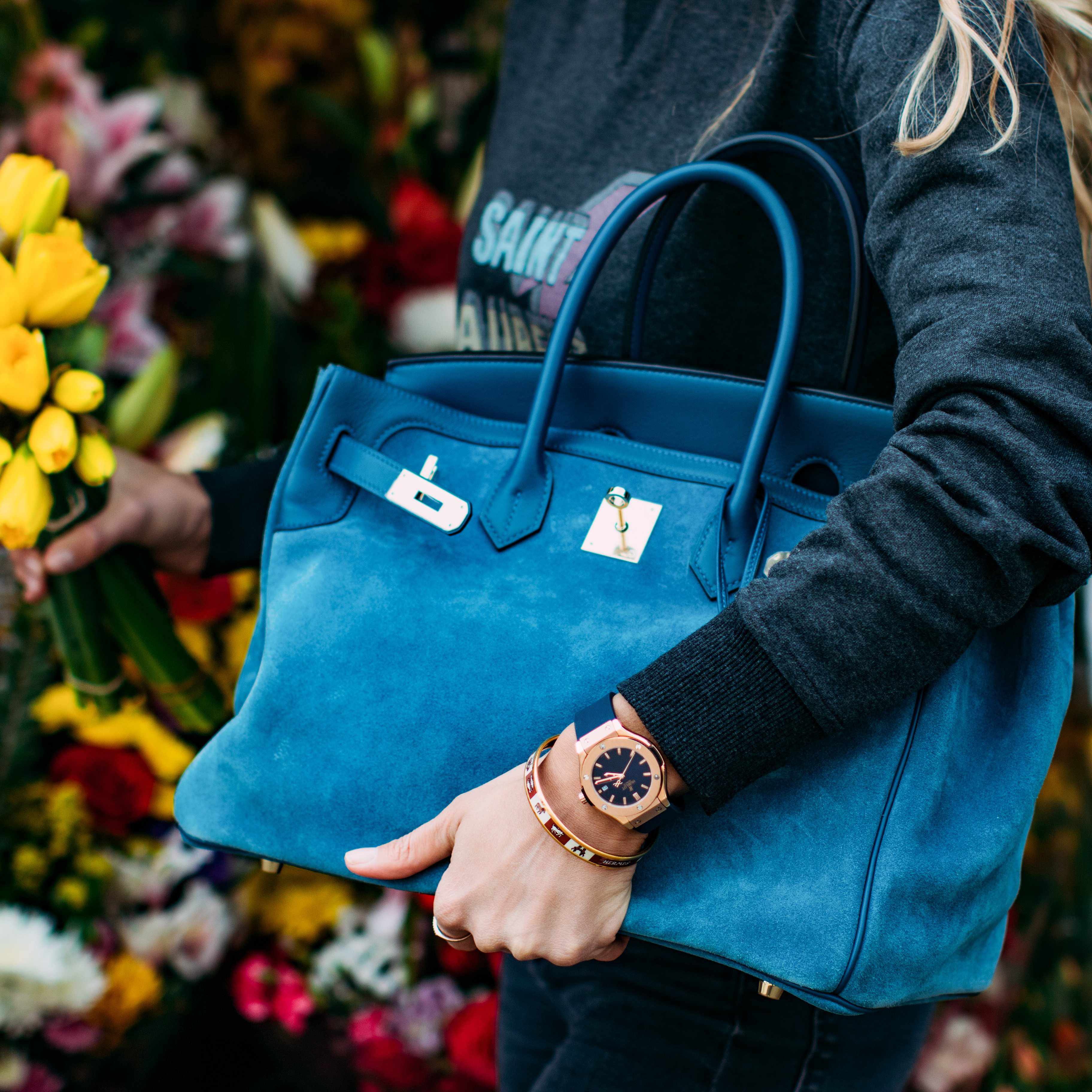 Hermès Birkin 35 Blue Thalassa Grizzly Suede, Swift Permabrass Hardware