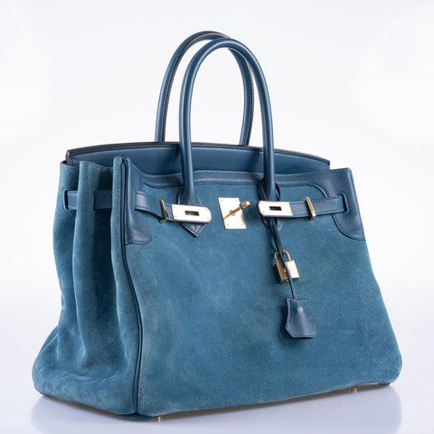 Hermès Birkin 35 Blue Thalassa Grizzly Suede, Swift Permabrass Hardware