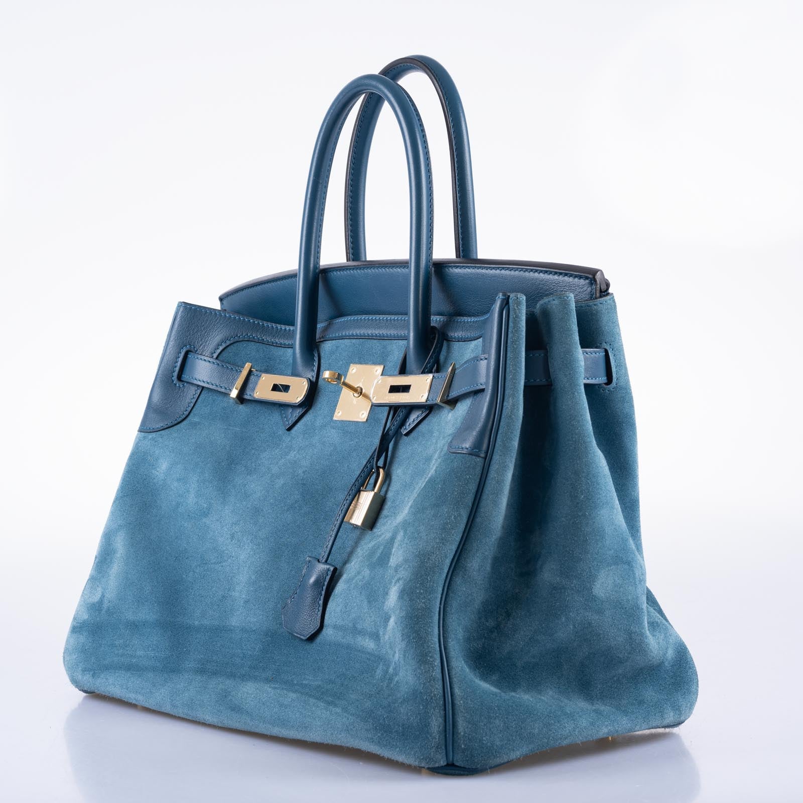 Hermès Birkin 35 Blue Thalassa Grizzly Suede, Swift Permabrass Hardware