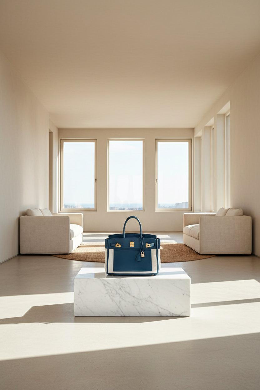 Hermès Birkin 35 Blue Thalassa Grizzly Suede, Swift Permabrass Hardware