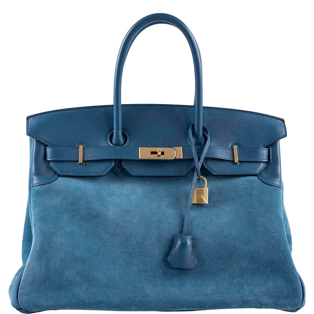 Hermès Birkin 35 Blue Thalassa Grizzly Suede, Swift Permabrass Hardwar