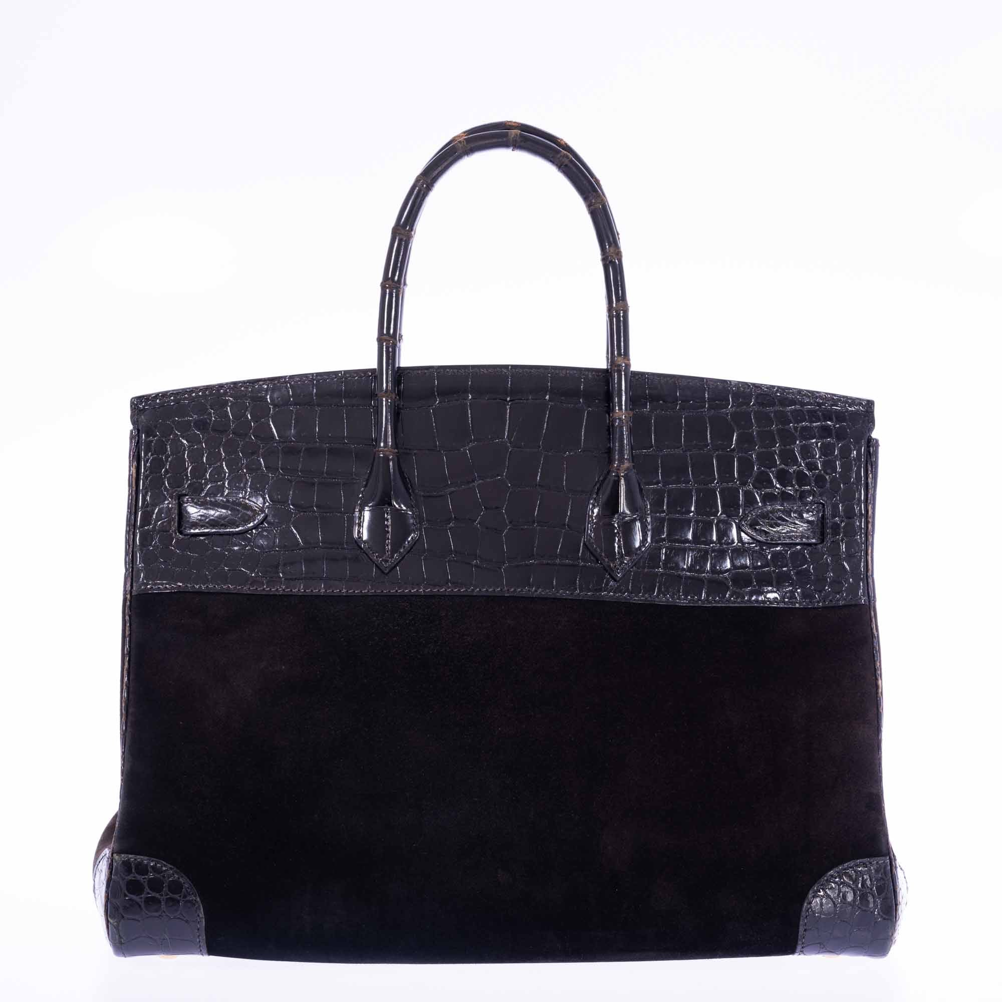 Hermès Birkin 35 Dark Chocolate Veau Doblis Suede & Black Porosus Crocodile with Gold Hardware