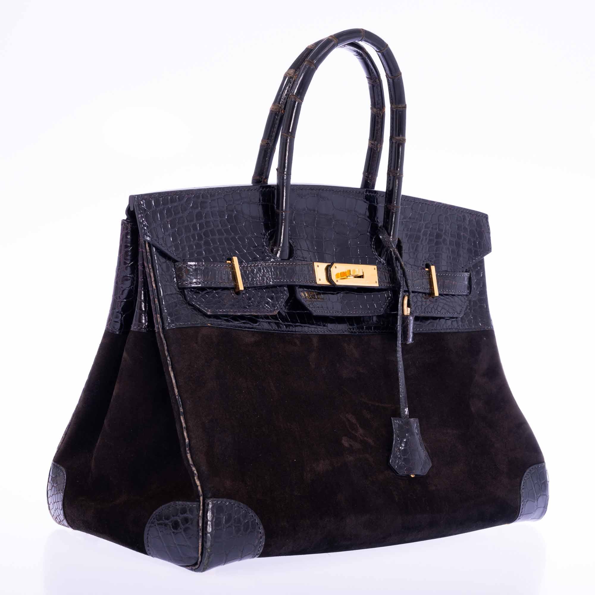 Hermès Birkin 35 Dark Chocolate Veau Doblis Suede & Black Porosus Crocodile with Gold Hardware