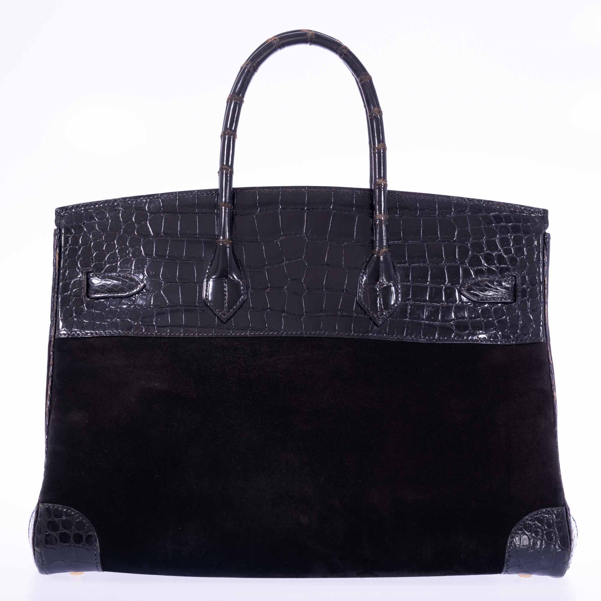 Hermès Birkin 35 Dark Chocolate Veau Doblis Suede & Black Porosus Crocodile with Gold Hardware