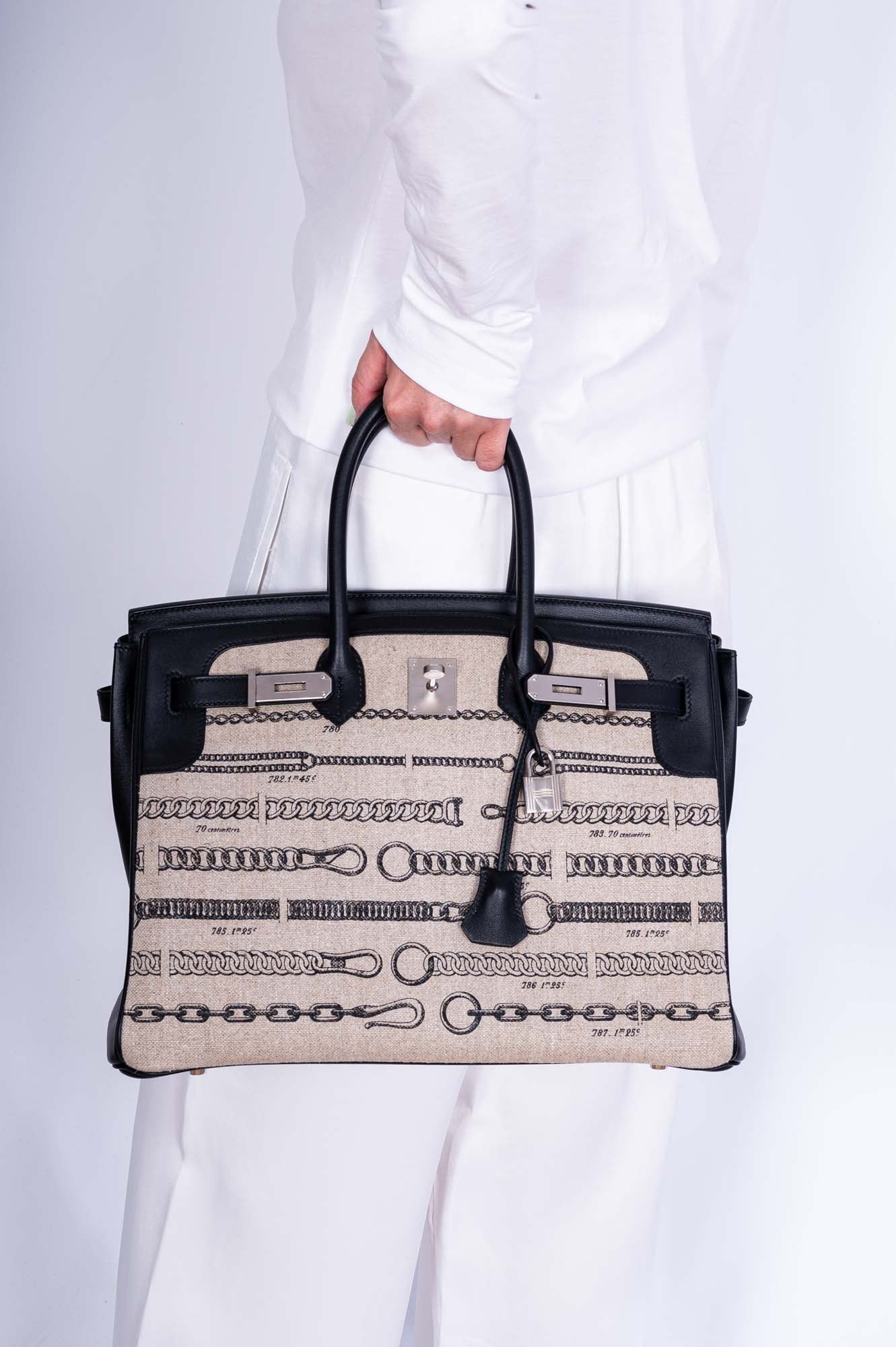 Hermès Birkin 35 De Camp Dechainee Toile And Black Veau Swift Palladium Hardware