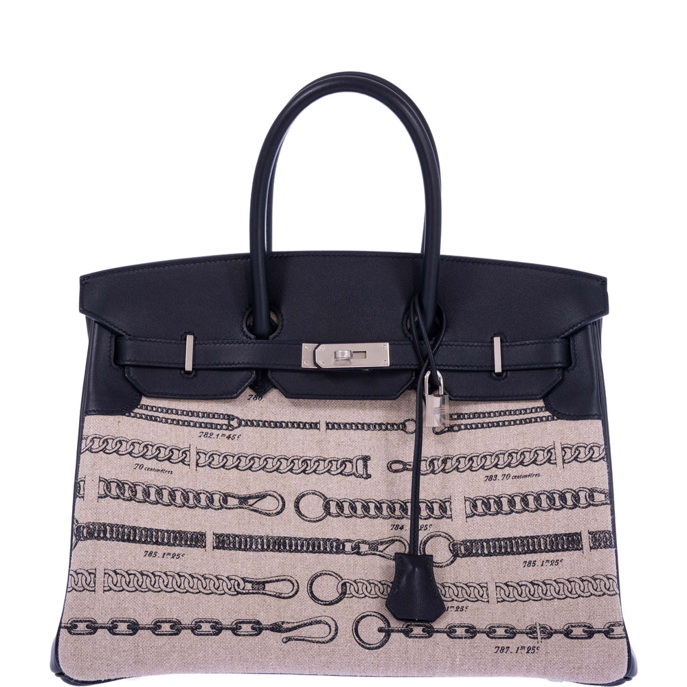 Hermès Birkin 35 De Camp Dechainee Toile And Black Veau Swift Palladium Hardware
