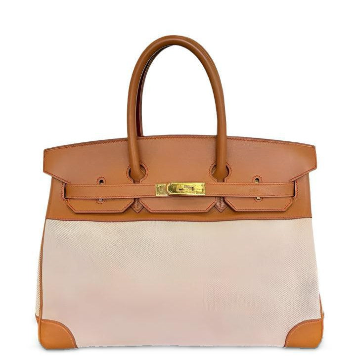 Hermès Birkin 35 Evergrain Gold and Toile Gold Hardware, front view